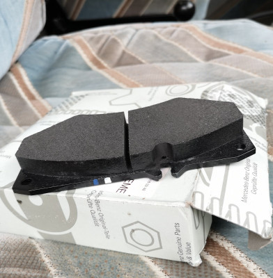 Mercedes T1 front brake pad, showing drilling for pad wear sensor