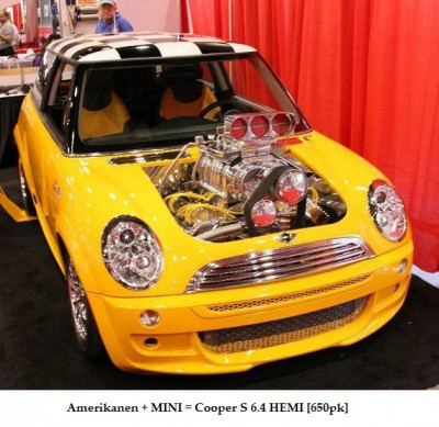 Mini Cooper S with 6.4 litre Hemi engine!!
