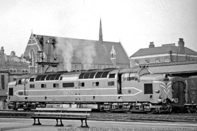 'Deltic' at Harringay West station<br />View eastward from the platform, ECML. This was the impressive prototype, No. DP1, of the English-Electric/Napier 3,300 hp Co-Co express locomotive (later Type 5, Class 55), on trial on the ECML in 1959, well before the class began regular service between King's Cross and Edinburgh in 1963, ousting the Gresley A4 steam locomotives. (Finsbury Park Diesel Depot had not been built, so Hornsey Depot had to service the 'Deltic, and later the other early Diesels). 'Deltic' is preserved in the National Collection at NRM, Shildon.