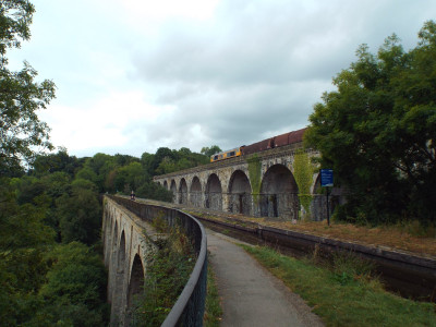 Goods train crossing the Chirk rail bridge.