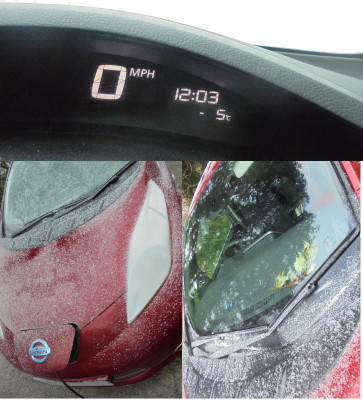 -5°C today<br />Don't have "carwings" or Nissan connect to put the heating on in the car with a few taps on a mobile phone, but switching on and off manually does the job just as well!