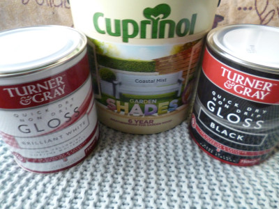 Falcon Original<br />Cuprinol Garden Shades Coastal Mist 2.5L  £11<br />Two tins of Gloss 750 ml Black and White £5.99 each.