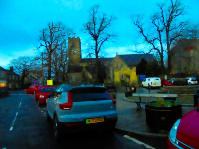 A Volvo a market place and a church