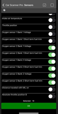 sensors able to be selected on Car Scanner Pro app