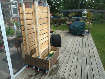 Waiting for filling and planting, a bit top heavy at the moment, hence the makeshift weights!!