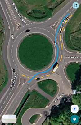 Blue = my path. Yellow = turning right in the left lane